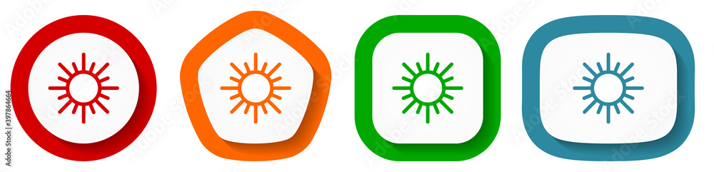 Poster sun vector icon set, flat design vector illustration in 4 colors options for webdesign and mobile ap