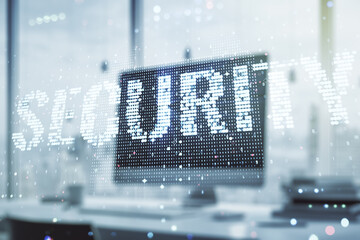 Cyber security creative concept on modern laptop background. Double exposure