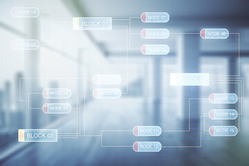 Fototapeta premium Multi exposure of abstract creative coding sketch on empty corporate office background, artificial intelligence and neural networks concept