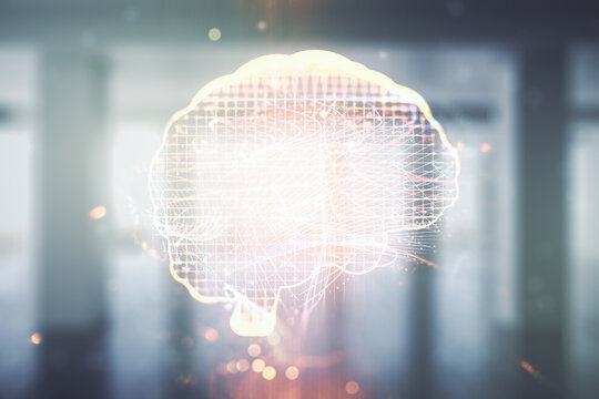 Virtual creative artificial Intelligence hologram with human brain sketch on modern interior background. Double exposure - Powered by Adobe