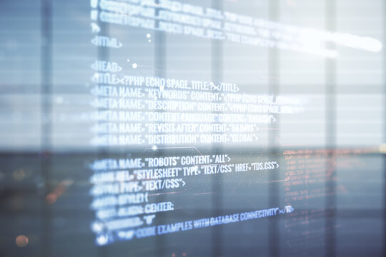 Abstract virtual coding concept on empty corporate office background. Multiexposure