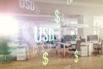 Double exposure of virtual USD symbols hologram on modern corporate office background. Banking and investing concept