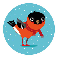 Bullfinch in a scarf on a background of snowy sky
