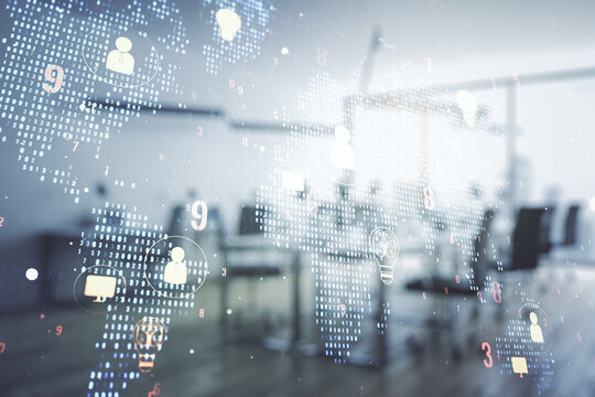Double exposure of social network icons interface and world map on a modern furnished office interior background. Networking concept
