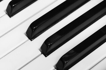 Classical piano keyboard, black and white keys of musical instrument