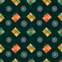 Seamless pattern with Christmas or New Year illustration. Background for gift wrapping or fabric design.  Colorful present and white snowflakes on dark green background.