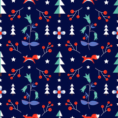 Seamless vector pattern with christmas elements illustration. Blue background. New year. Wrapping paper.
