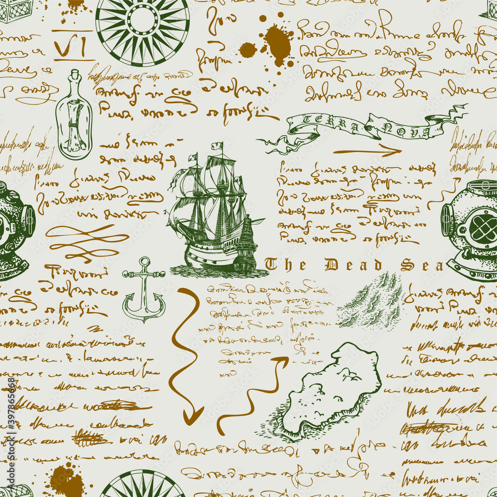 Poster vector image of a seamless texture in the style of a medieval nautical record of the captain's diary