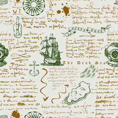 Vector image of a seamless texture in the style of a medieval nautical record of the captain's diary engraving sketch
