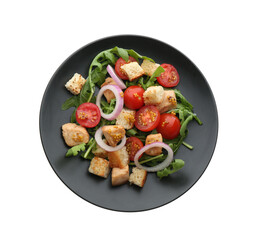 Delicious fresh chicken salad with vegetables and croutons isolated on white, top view