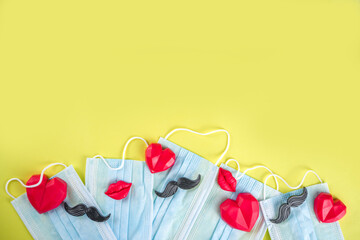 Red heart with medical mask, Valentine day or heath care, body renovation, protection concept,...