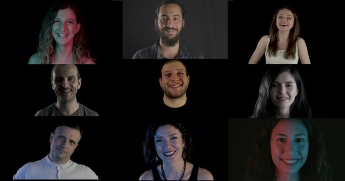 Collage of happy, smiling persons. Young multi ethnic people are smiling to camera. Multi screen, split screen shot of cheerful human