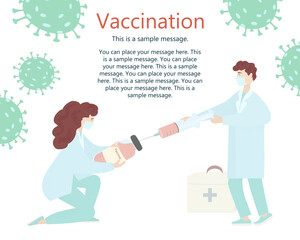 Coronavirus vaccination concept. Doctor with huge syringe draws vaccine from an ampoule. Infographics. Horizontal poster with space for text. Vector flat illustration isolated on white background