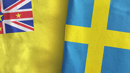 Sweden and Niue two flags textile cloth 3D rendering