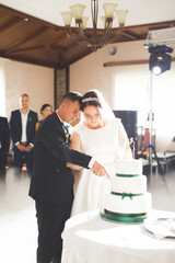 Obraz premium Bride and groom at wedding cutting the wedding cake