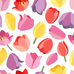 Floral seamless pattern with spring flowers buds. Red, yellow, pink, lilac tulips. Isolated vector illustration. Background for wrapping paper, textile, wallpaper, scrapbooking. Flat cartoon design.