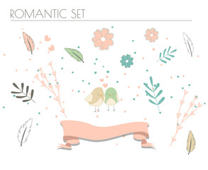 Set of Romantic Colorful Flowers, Branches and Birds