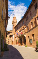 A high street in the historic medieval village of Buonconvento in Siena Province, Tuscany