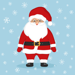 Hand drawn doodle sketch illustration of cute Christmas Santa Claus with glasses and snowflakes. Happy New Year and Christmas character vector icon for greeting card, invitation, poster, banner