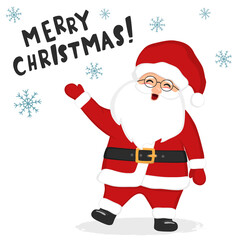 Hand drawn sketch illustration of cute smiling Santa Claus with glasses and snowflakes. Lettering Merry Christmas. Happy New Year and Christmas character vector icon for greeting card, invitation