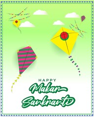 Vector illustration of Happy Makar Sankranti Festival banner with colorful kites and patterns in background, Indian festival.