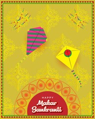 Vector illustration of Happy Makar Sankranti Festival banner with colorful kites and patterns in background, Indian festival.