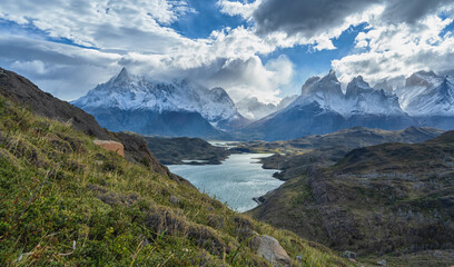 Fototapeta na wymiar Landscape with lake Lago del Pehoe in the Torres del Paine national park, Patagonia, Chile