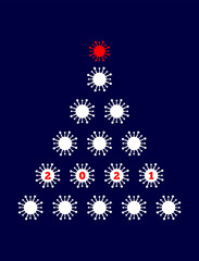 Fototapeta na wymiar Christmas tree made of coronavirus bacteria with number 2021. Flat vector illustration.