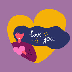 Hand drawn greeting card with girl in the heart, love, Valentines day concept. Text love you. Flat illustration.