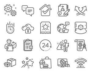 Technology icons set. Included icon as Cloud protection, Algorithm, 24 hours signs. Reject checklist, Dots message, Fast delivery symbols. Loyalty ticket, Divider document, Work. Wifi. Vector