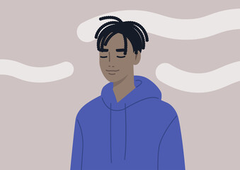 Head in the clouds, a portrait of a young male Black character daydreaming, mindfulness, meditation, and mental health balance