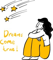 girl is sitting and looking at star falling, vector flat illustration, dreams come true, modern design clip-art with hand drawn lettering