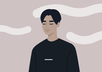 Head in the clouds, a portrait of a young male character daydreaming, mindfulness, meditation, and mental health balance