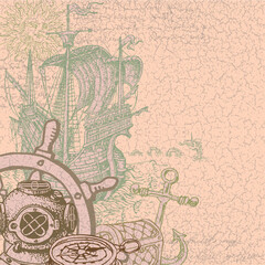 Fototapeta na wymiar vector image of an old postcard with nautical elements and items and logbook entries in a vintage manuscript style