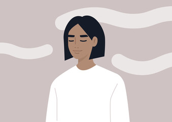 Head in the clouds, a portrait of a young female character daydreaming, mindfulness, meditation, and mental health balance