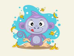 Funny monkey with bananas. Little monkey with bananas flying around. Children s illustration.