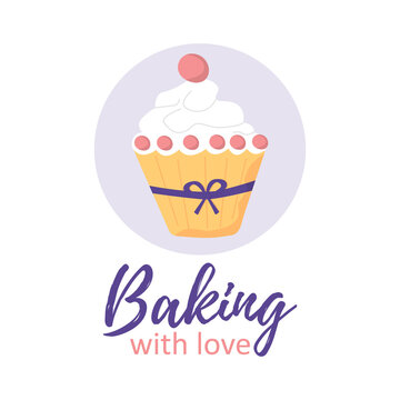 Baking with Love card with cute cupcake. Vector