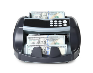 Modern electronic bill counter with money isolated on white