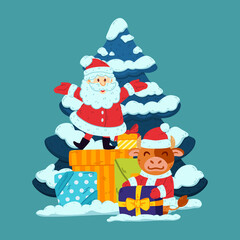 Cute little bull and Santa Claus with presents and tree. Ox symbol of Chinese New Year 2021. Merry Christmas and Happy new year greeting card poster design. Vector illustration isolated background.