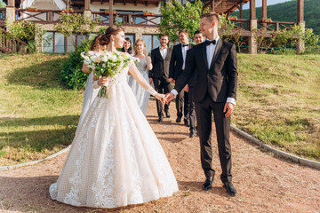 Wedding ceremony of a couple in love in a white dress and suit. 