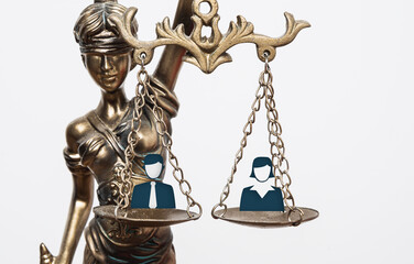 Judicial scales with icons of man and woman. Concept of equality, discrimination against women.