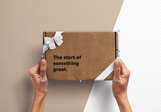 Hands Holding Postal Box with Ribbons Mockup