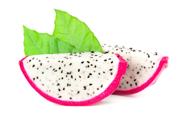 Sliced Ripe Dragon fruit with green leaves isolated on white background. Pitaya or Pitahaya