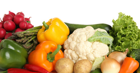 Pile of different fresh vegetables on white background