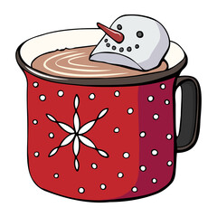 cup of hot chocolate with marshmallow. Christmas dessert. Fantasy cartoon vector illustration