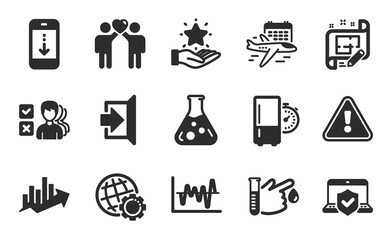 Refrigerator timer, Chemistry lab and Scroll down icons simple set. Friends couple, Growth chart and Architect plan signs. Exit, Opinion and Select flight symbols. Flat icons set. Vector