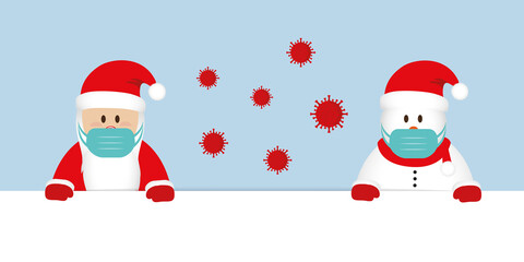 corona virus christmas 2020 design with santa claus and snowman cartoon vector illustration EPS10