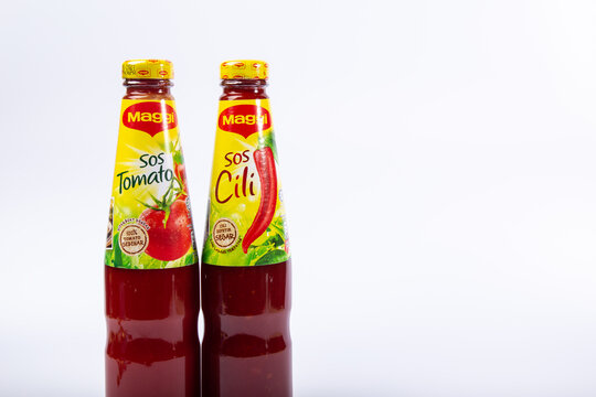 Kuala Lumpur, Malaysia-April 15, 2020: Maggi Brand Tomato And Chili Sauce Over White Background.