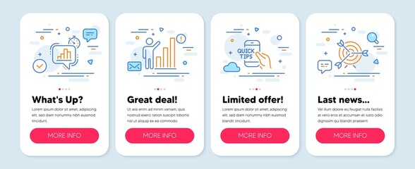 Set of Education icons, such as Graph chart, Education, Statistics timer symbols. Mobile screen mockup banners. Target line icons. Growth report, Quick tips, Growth chart. Targeting. Vector