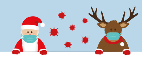 corona virus christmas 2020 design with santa claus and deer cartoon vector illustration EPS10